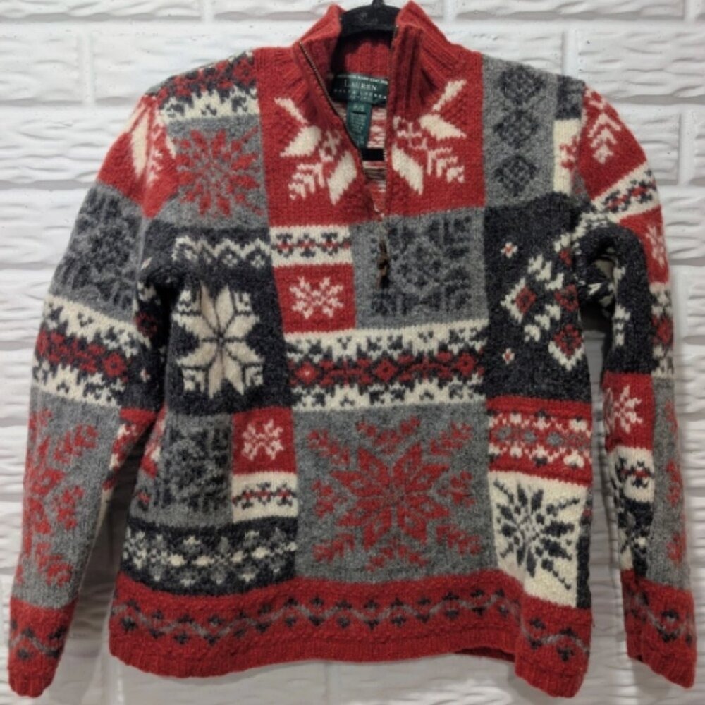 VTG Lauren Ralph Lauren Hand Knit Wool Patchwork Fair Isle Snowflake Sweater P/S